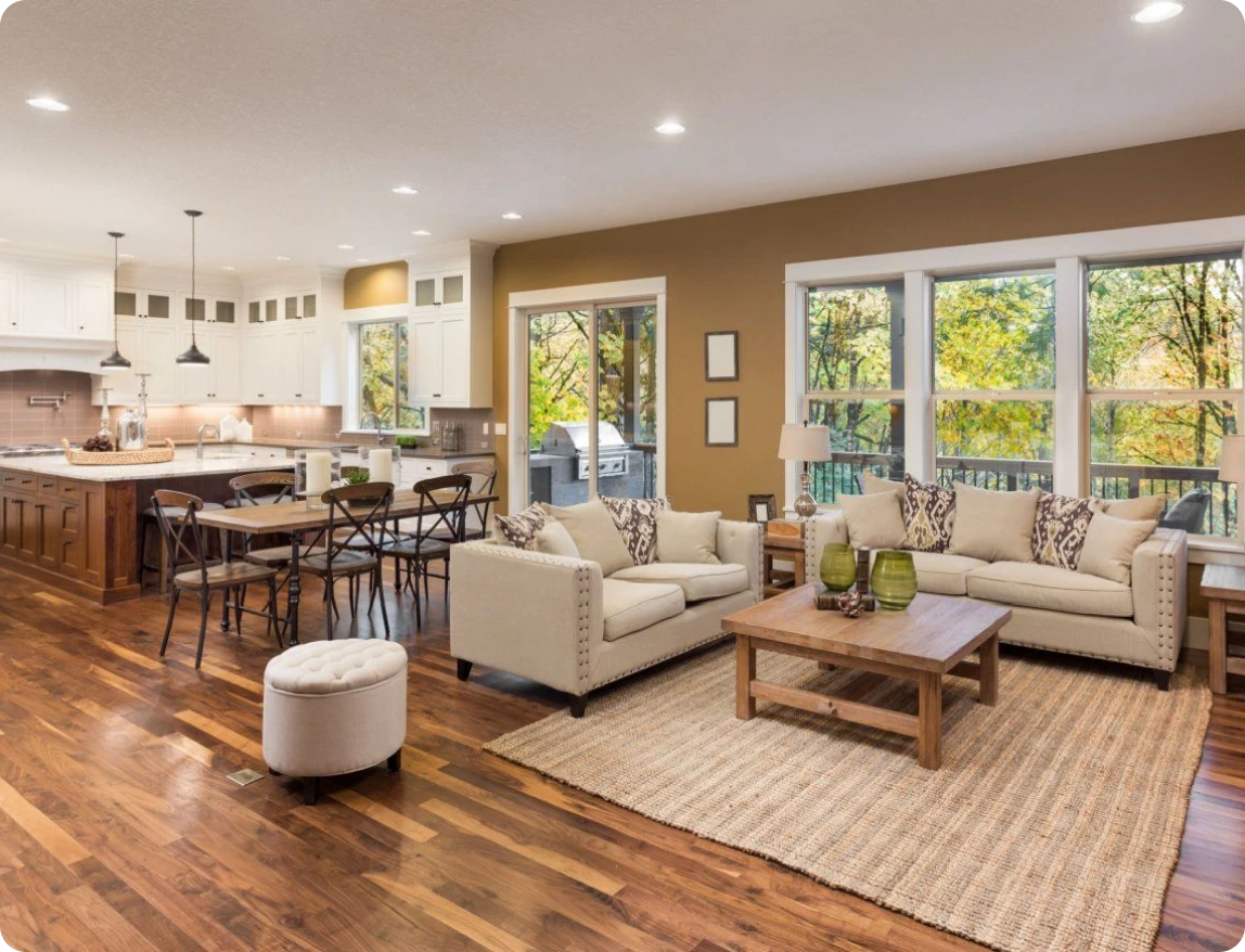 Spacious living room with hardwood floors.